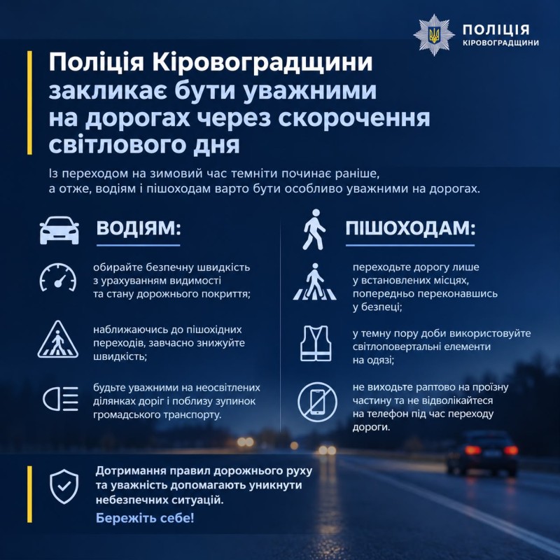 Поліція Кіровоградщини закликає бути уважними через скорочення світового дня