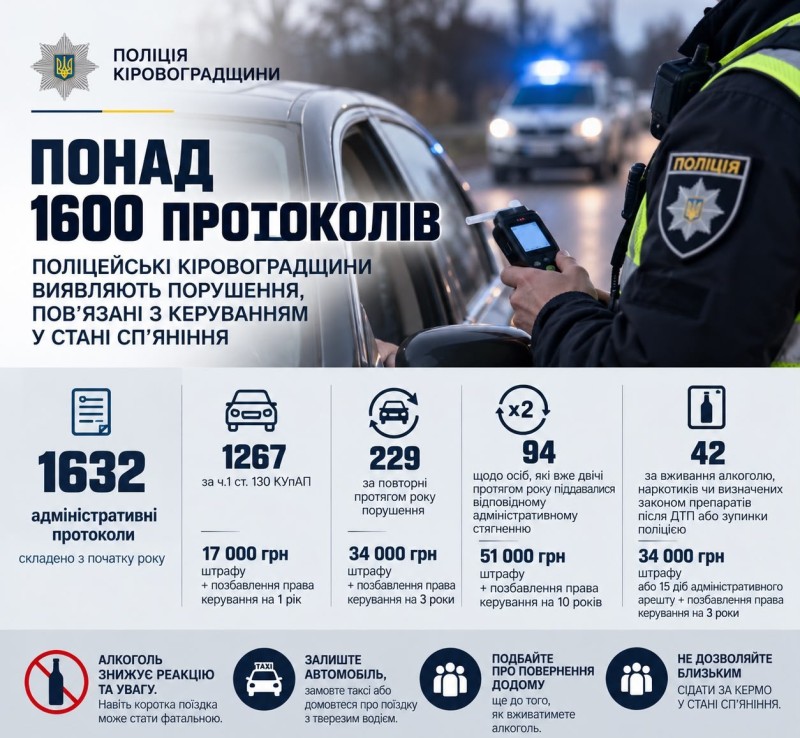 Поліцейські Кіровоградщини виявили порушення пов'язані з керуванням у стані сп'яніння