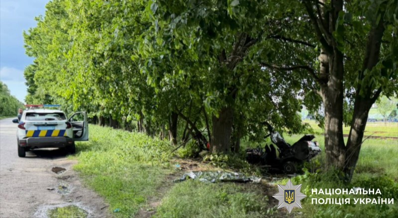 На фото автомобіль правоохоронців, які прибули на місце події та пошкоджений автомобіль, учасник ДТП.