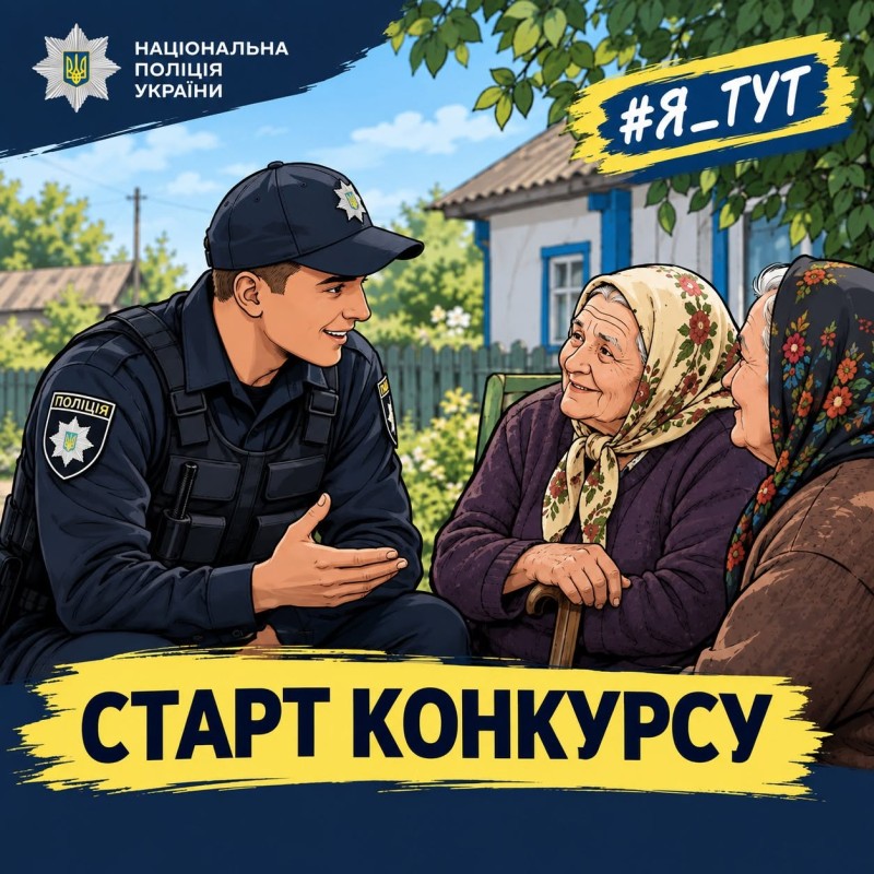 На малюнку зображений правоохоронець та жінки. Написані слова СТАРТ КОНКУРСУ.
