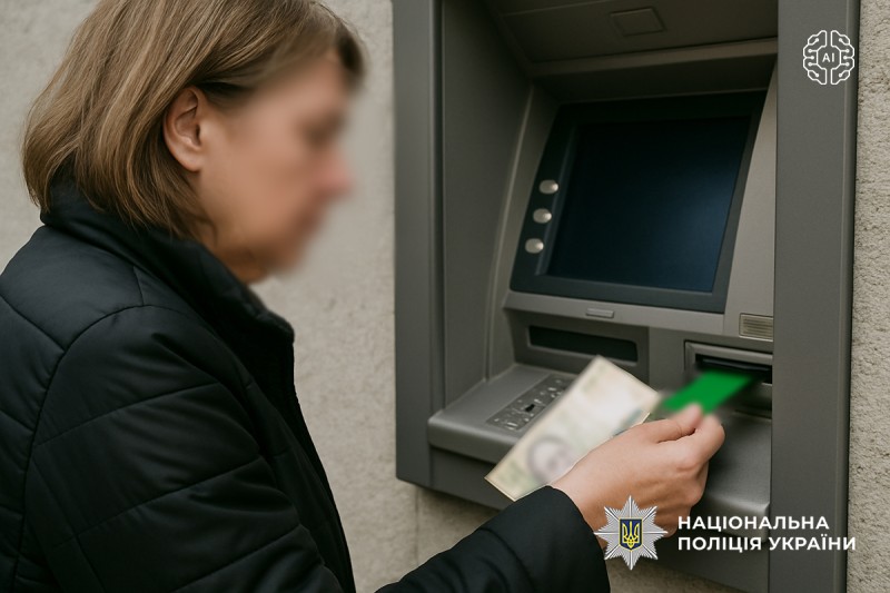 Жінка середнього віку стоїть біля банкомата та тримає в руках кошти та банківську картку