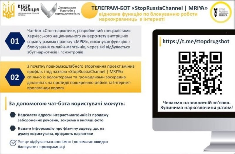 чат-бот «stoprussiachannel | mriya» відновив функцію з блокування роботи наркокрамниць в інтернеті