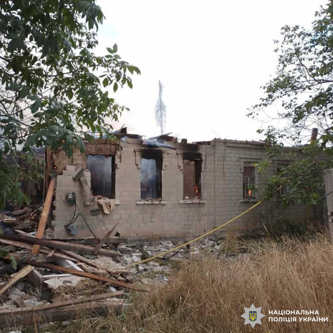 Пошкоджений будинок без вікон, з яких йде дим, на тлі зарослої території.