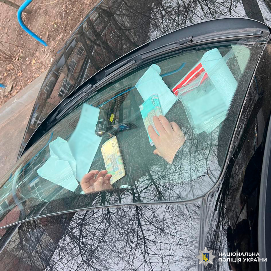 Інтер'єр автомобіля, знятий через лобове скло: дві руки тримають документи-  одну картку, ймовірно, посвідчення особи, та аркуш паперу. На панелі приладів розкладені конверт, форми та пакет із червоними смужками. Авто припарковане біля тротуару з синім поручнем, у відображенні видно голі дерева.