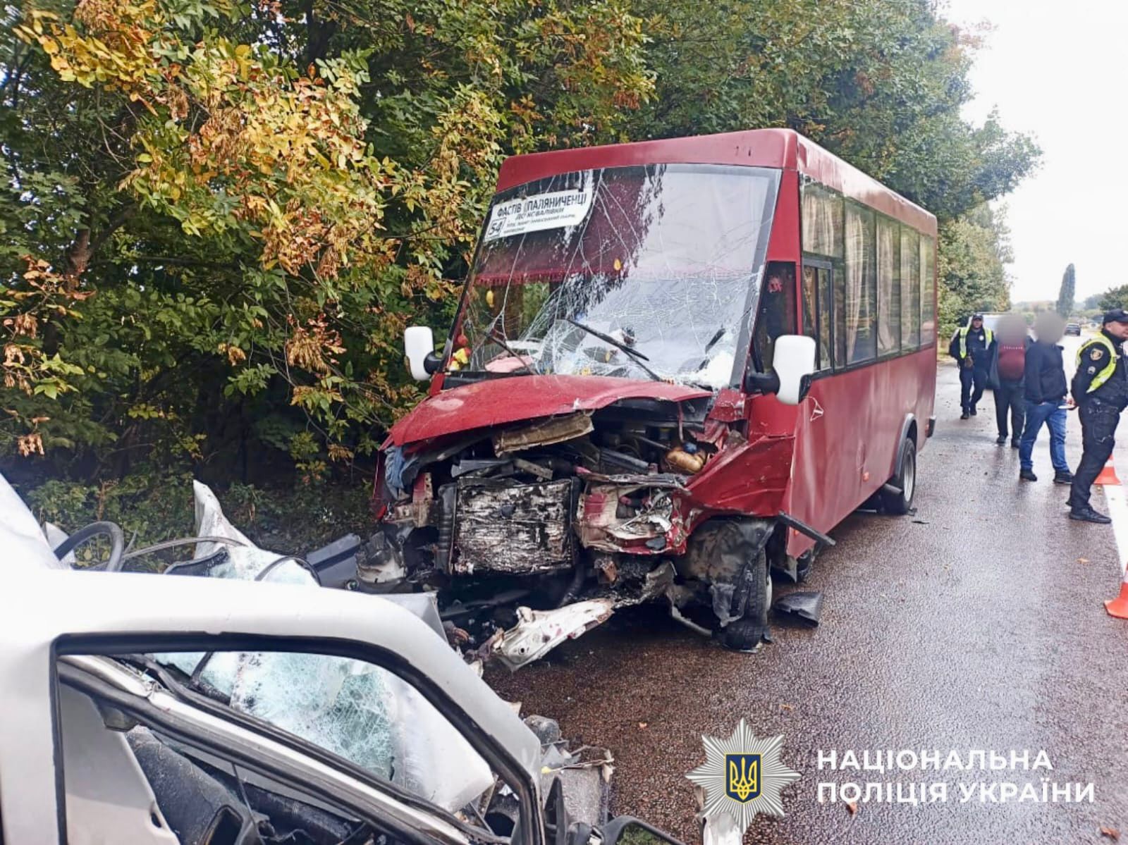 На фото зображено маршрутний автобус, водій та пасажири якого отримали тілесні ушкодження внаслідок ДТП.