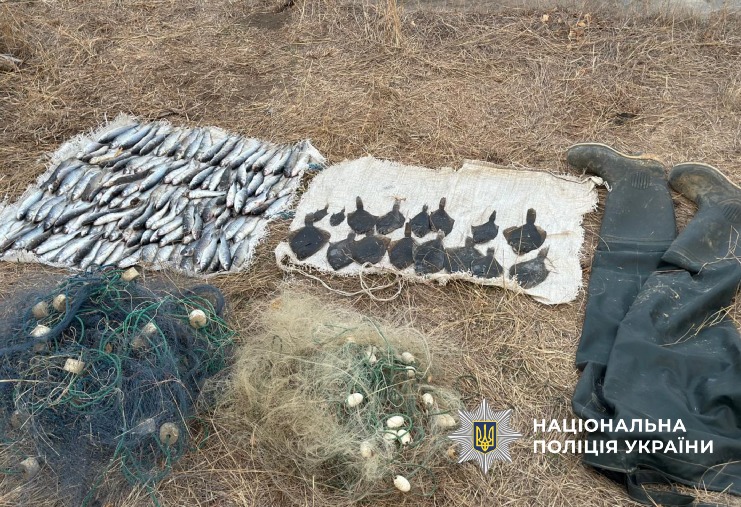 три ліскові сітки загальною довжиною 150 метрів, забрідний костюм та 172 одиниці риби – кефалі та камбали