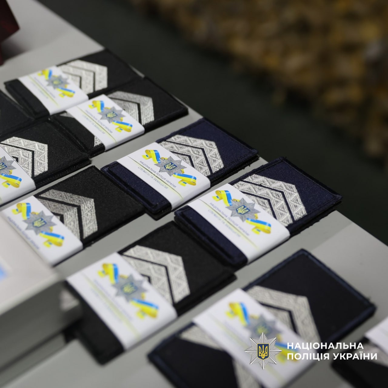 Погони Національної поліції України, розкладених на столі.