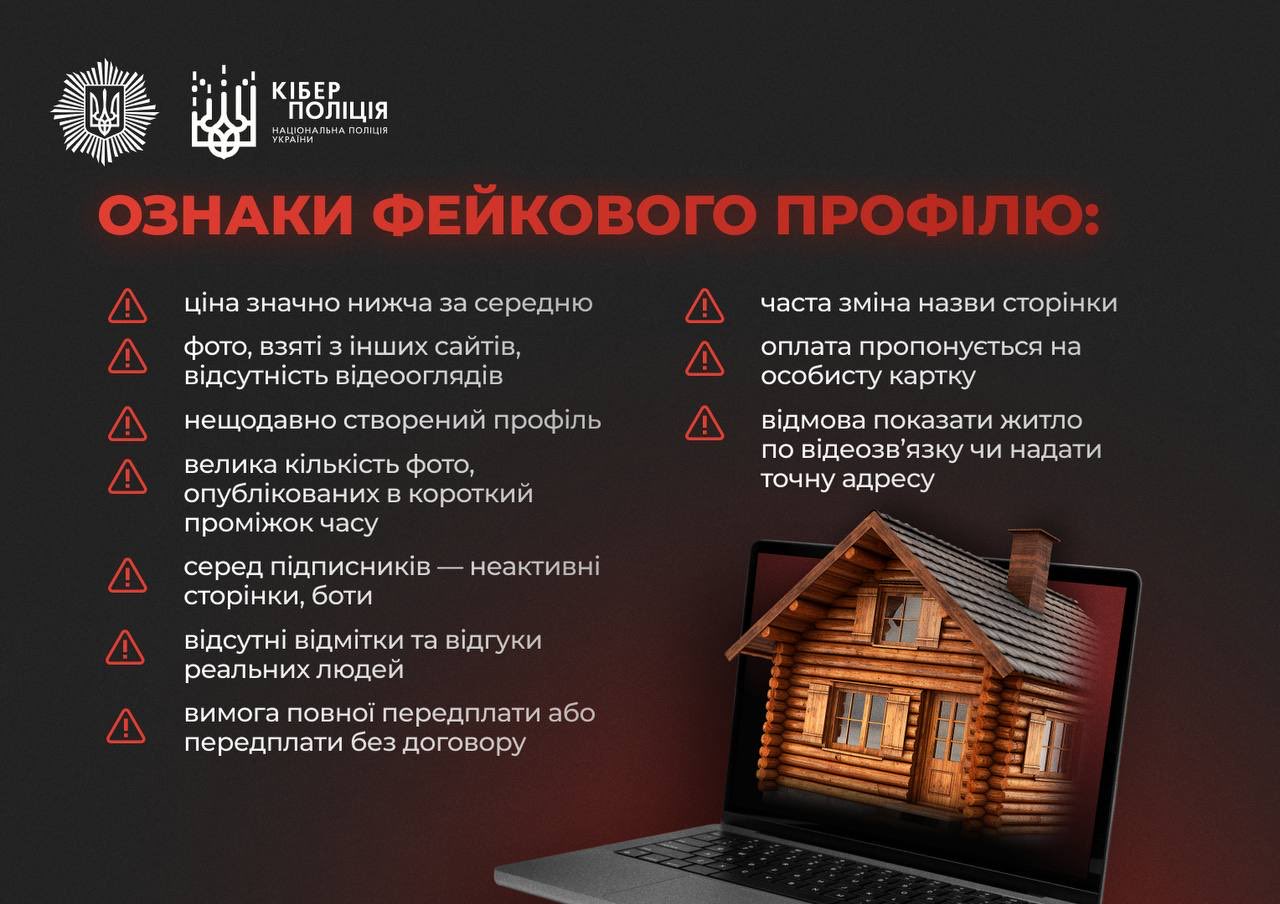 інфографіка: ознаки фейкового профілю під час оренди житла