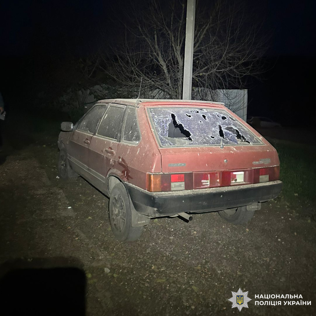 Автомобіль вкритий пилом, заднє скло розбите з кількома отворами. Поруч високий стовп, на фоні безлисті дерева.