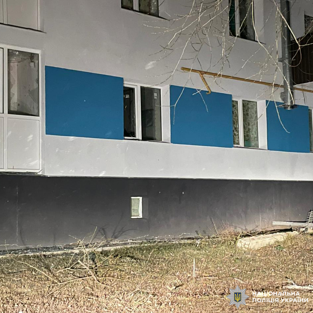 Будівля з видимими руйнуваннями, серед уламків видно пошкоджені дерева та сміття.