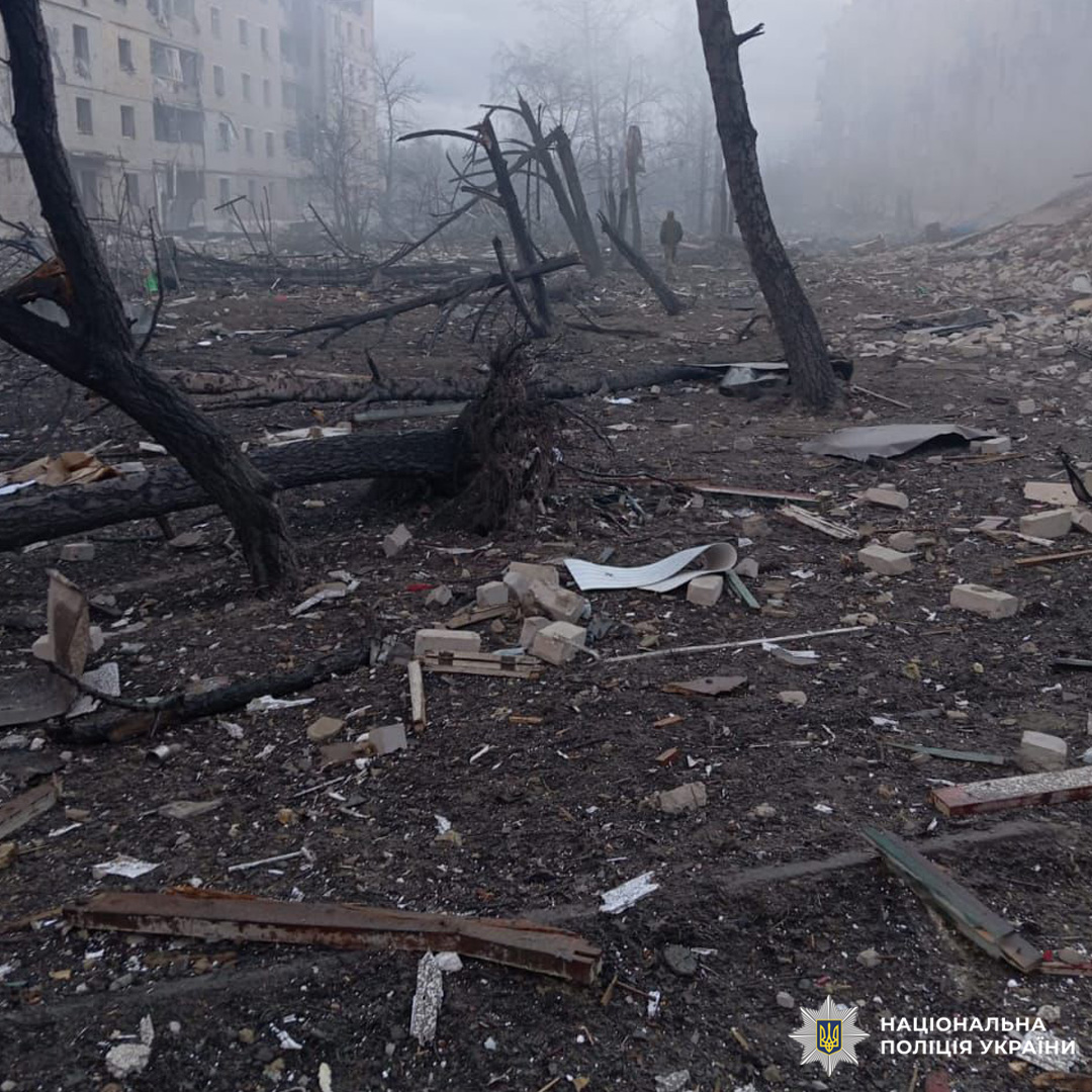 Пошкоджена споруда, територія навколо вкрита уламками та зламаними деревами.