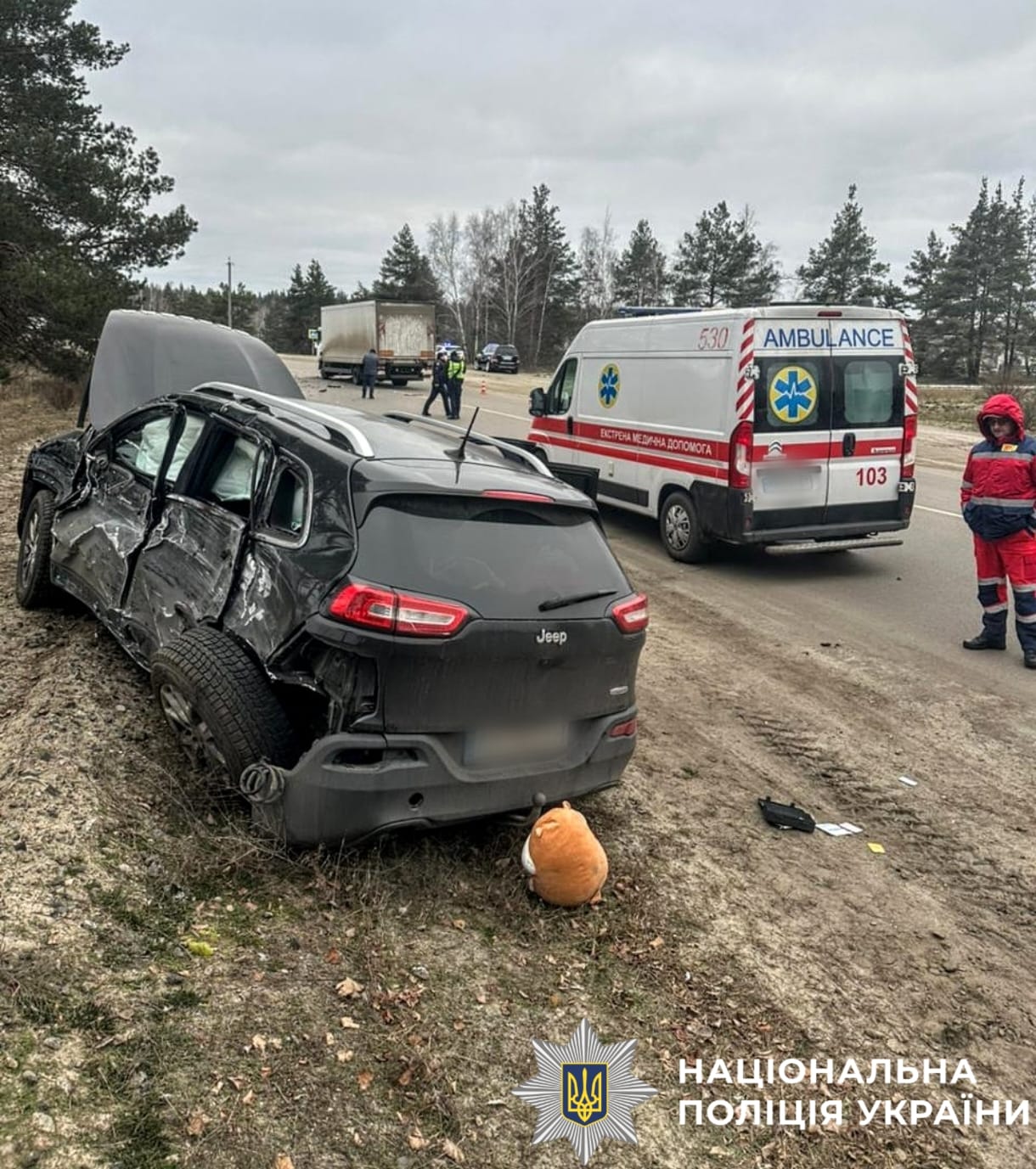 На фото місце ДТП та працівники швидкої медичної допомоги.