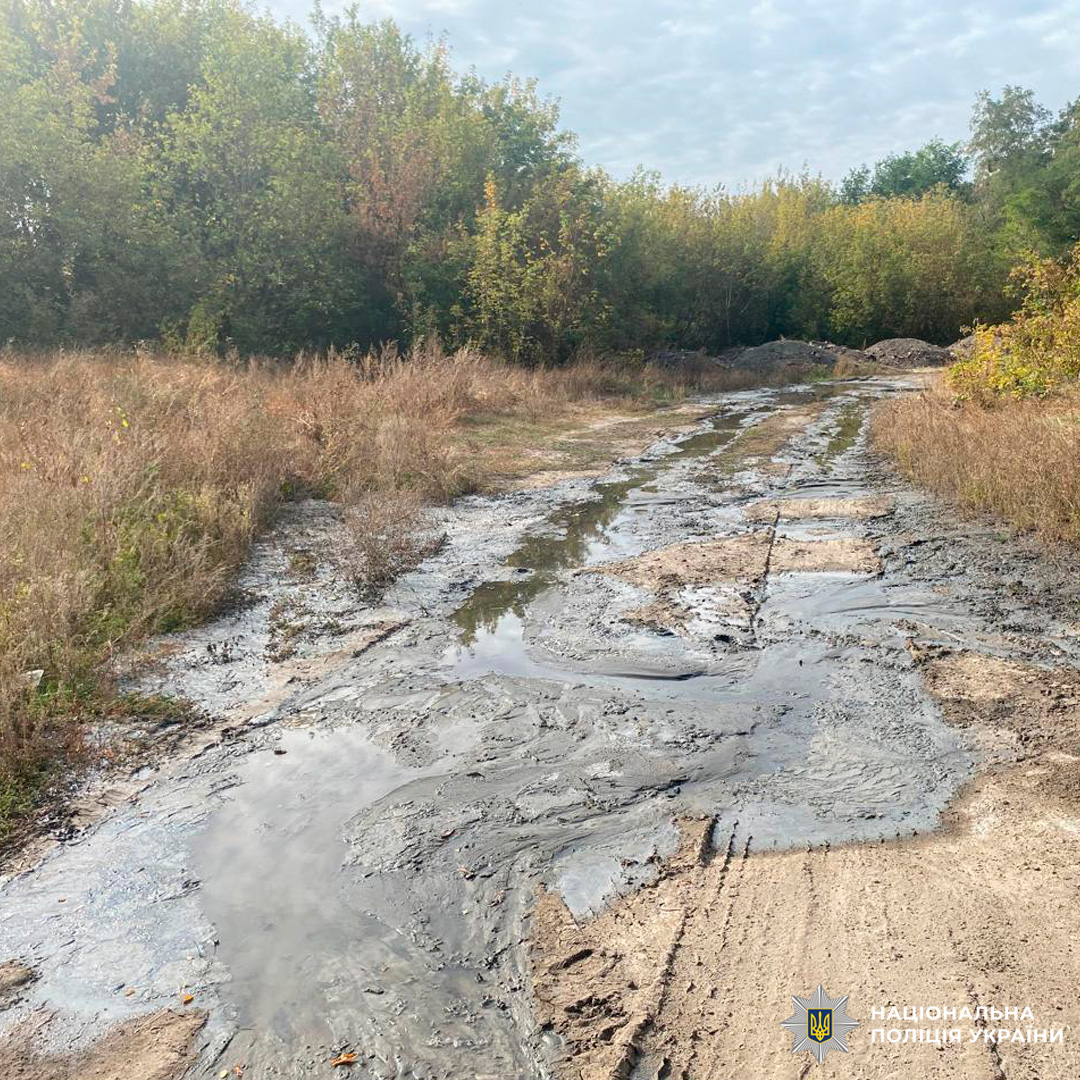 Забруднена ґрунтова дорога з калюжами та слідами від автомобілів у лісовій місцевості.