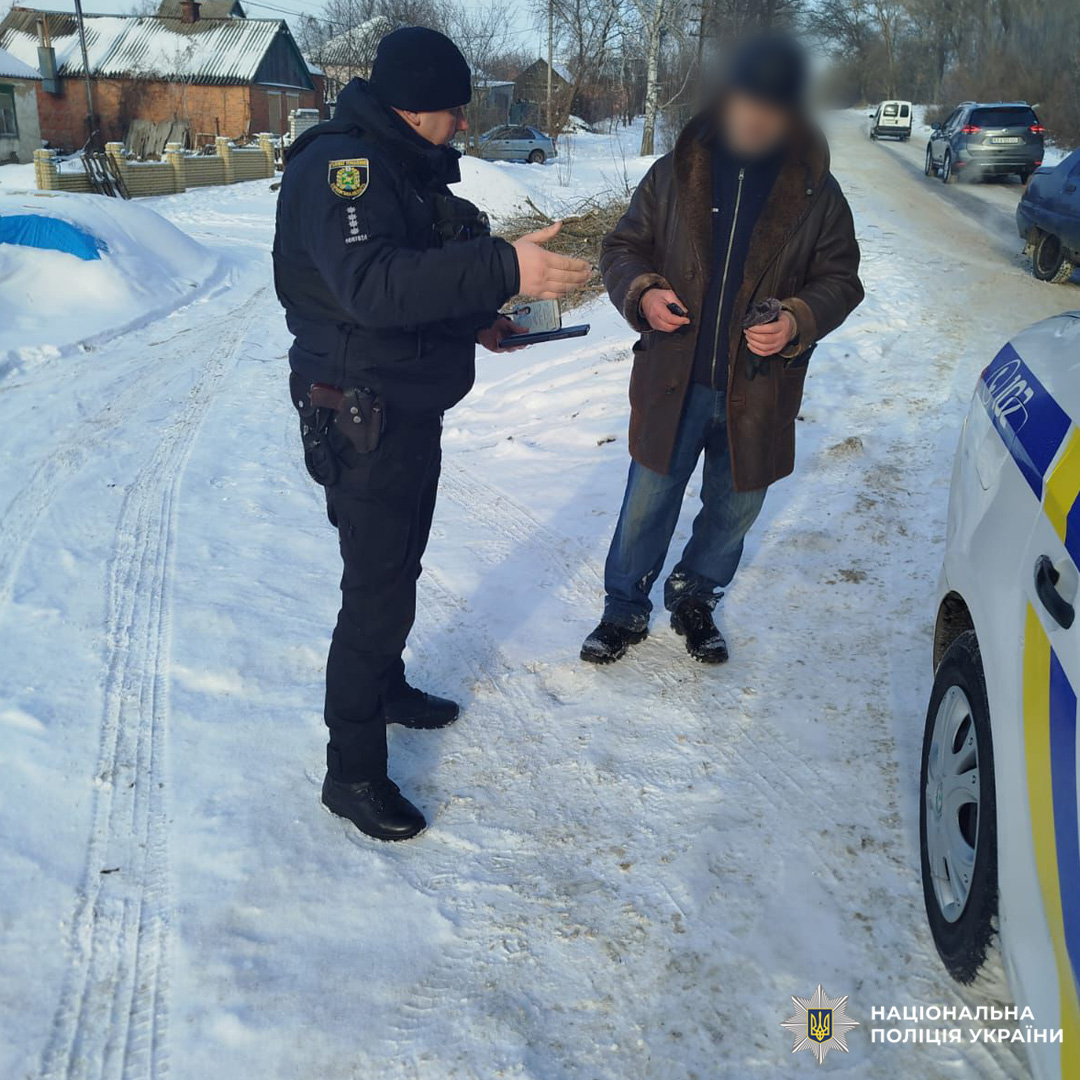Поліцейський спілкується з цивільним біля патрульної машини на засніженій дорозі.