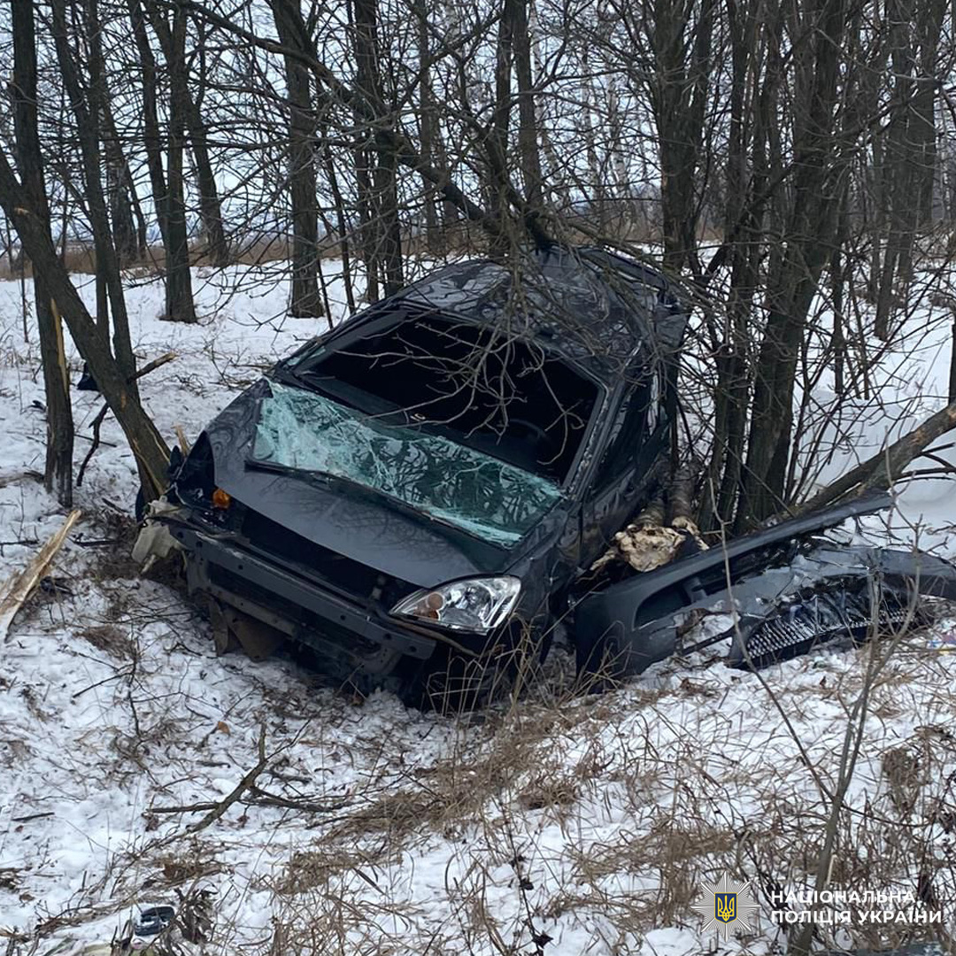 Авто злетіло з дороги й врізалось у дерева, зима.