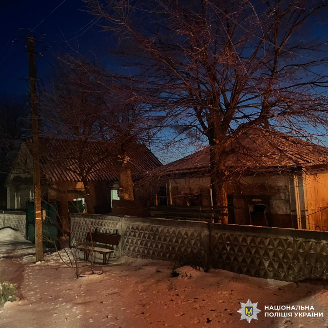 Житлова забудова взимку, сніг на землі, дерева без листя, освітлені будинки та паркан.