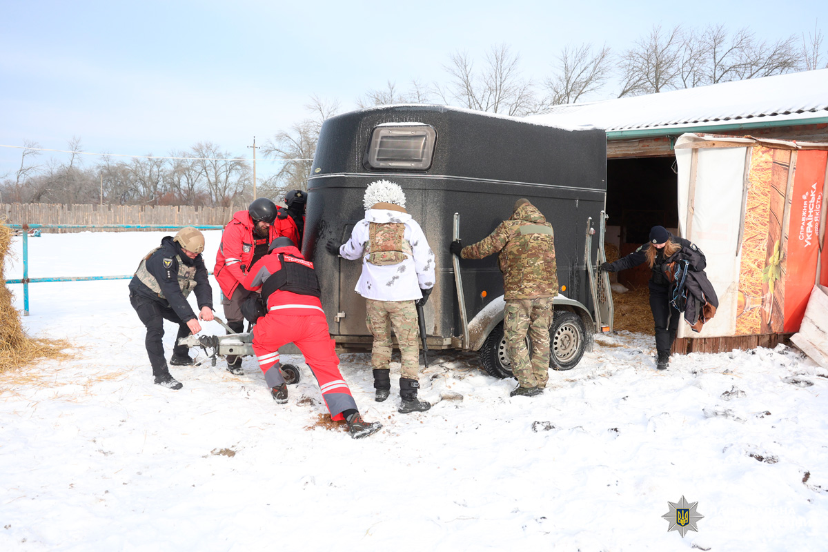 Поліцейські, військові та медики працюють біля причепа для коней узимку
