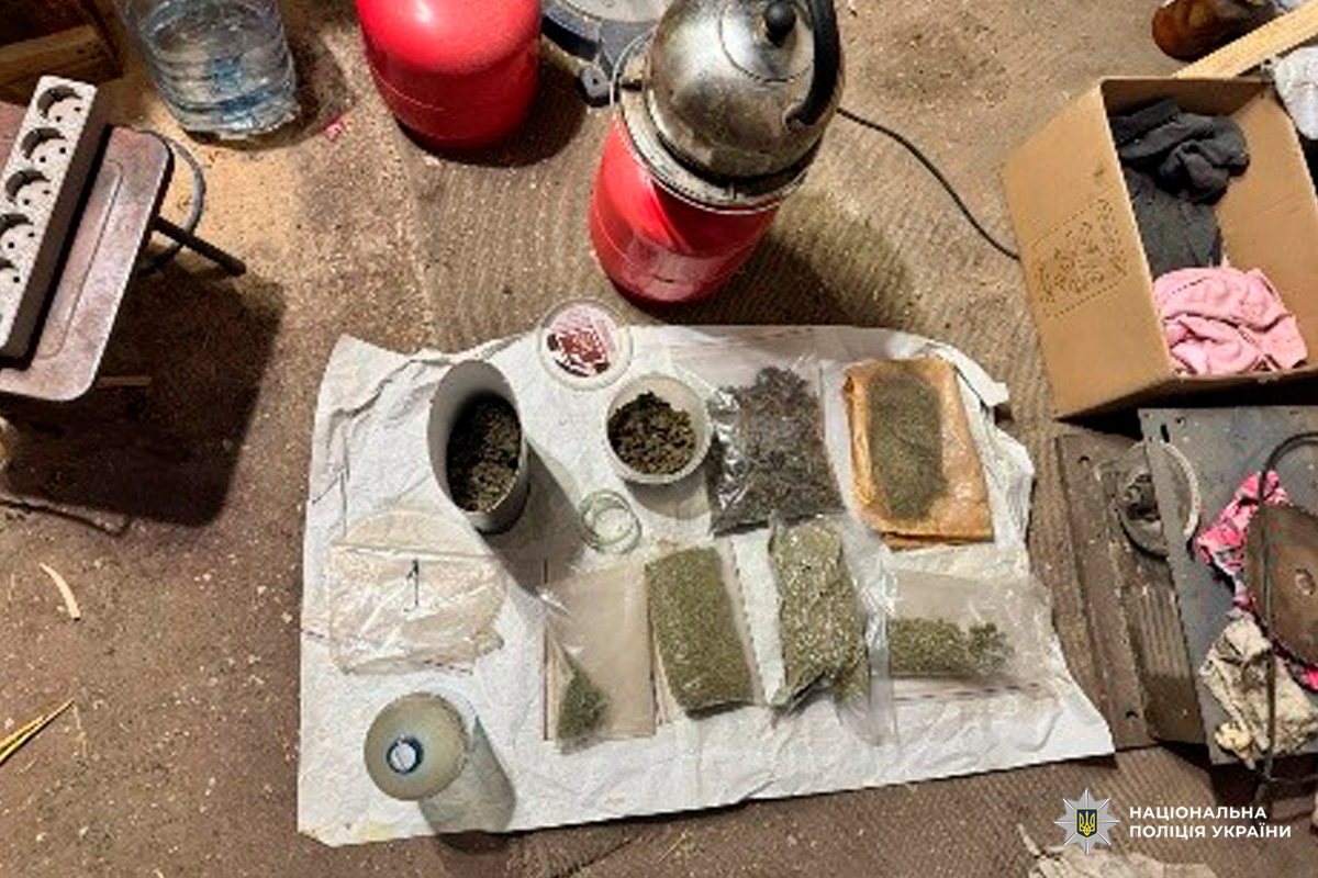 Нацполіція зафіксувала вилучені пакети із зеленими речовинами, ймовірно наркотичного походження, разом із побутовими предметами.