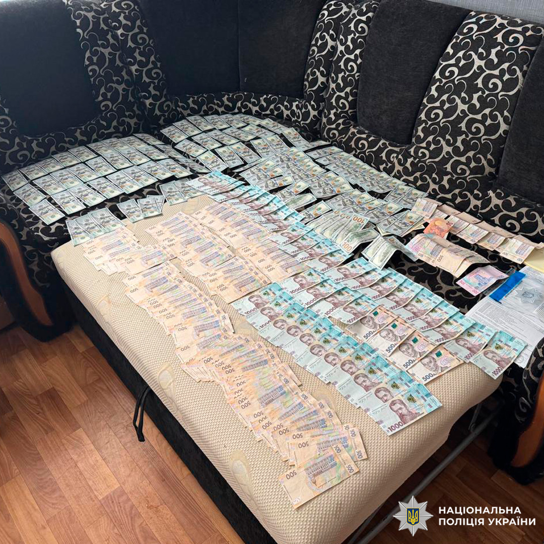 Зафіксовано вилучення значної кількості грошових коштів у національній валюті. Купюри різних номіналів розкладені для документування.