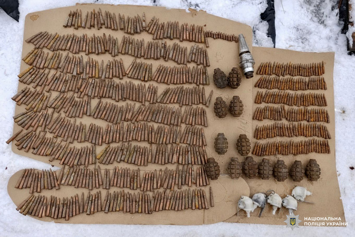 Поліція зафіксувала знайдені боєприпаси: патрони різних калібрів та ручні гранати, розкладені рядами.