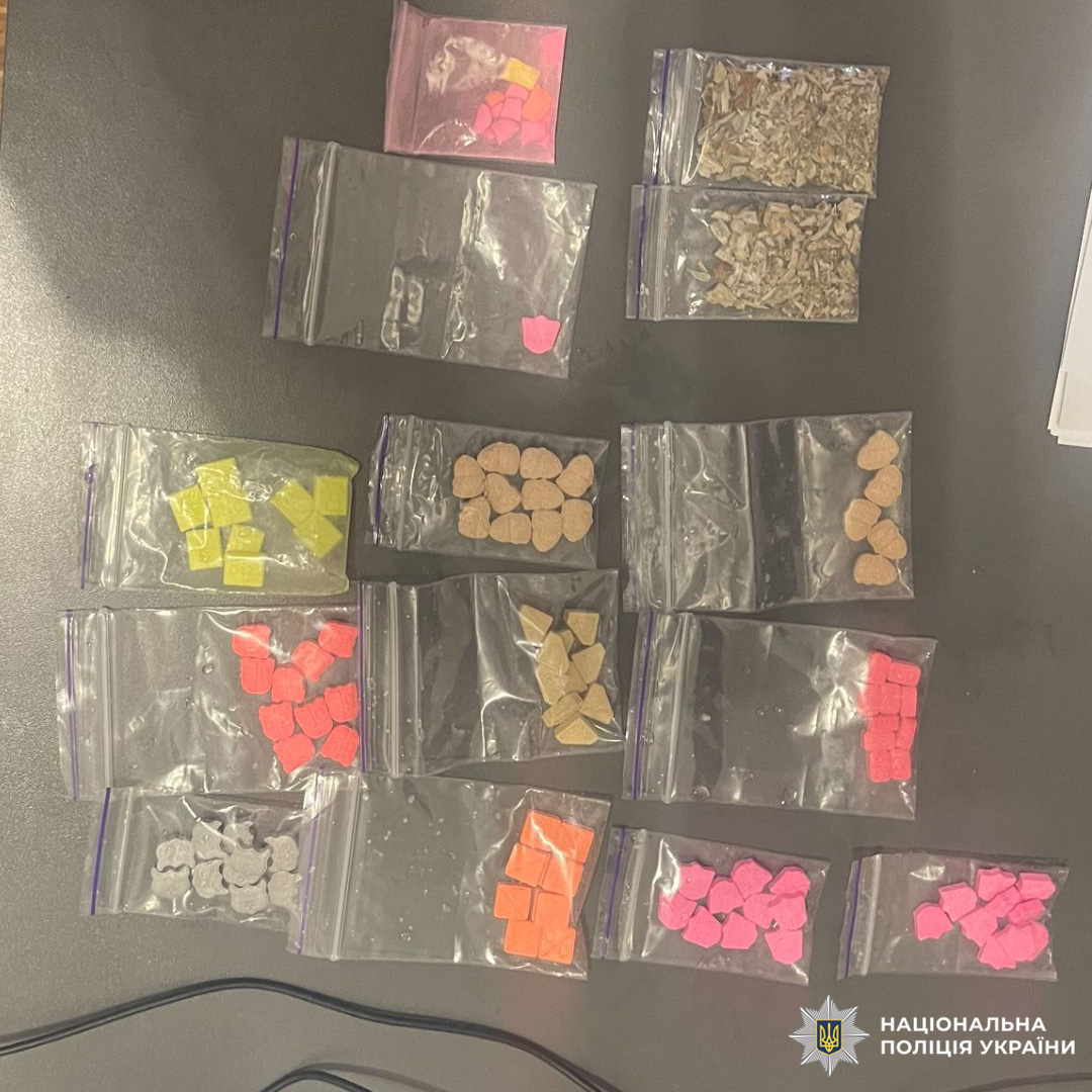 Правоохоронці вилучили пакети з різнокольоровими таблетками та рослинною речовиною.