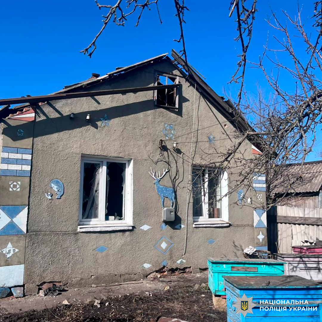 Житловий будинок із зруйнованим дахом та вибитими вікнами, на фасаді зображені геометричні орнаменти й тварини.