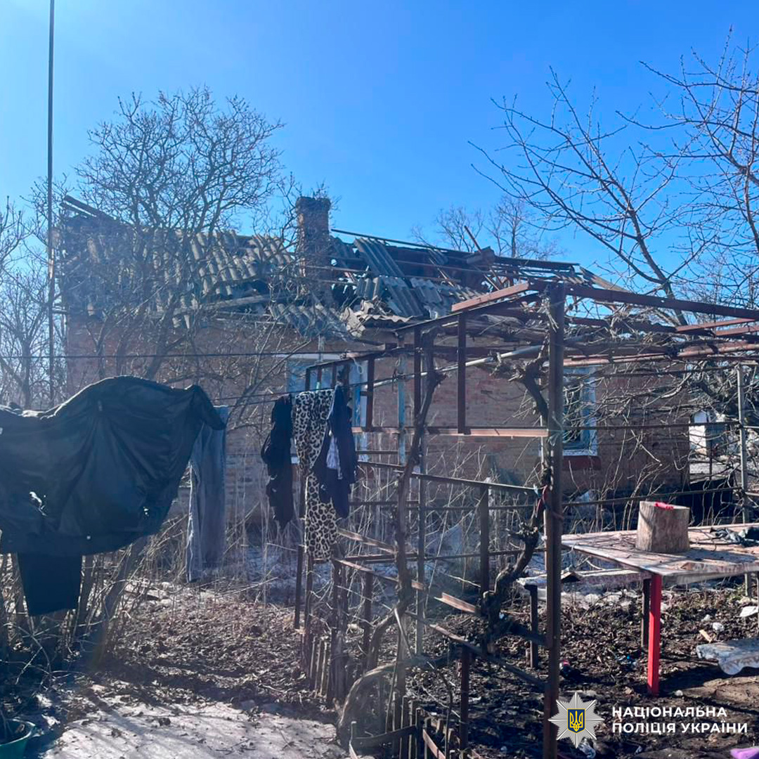 Цегляний будинок із частково зруйнованим дахом, на передньому плані металева конструкція з виноградними лозами.