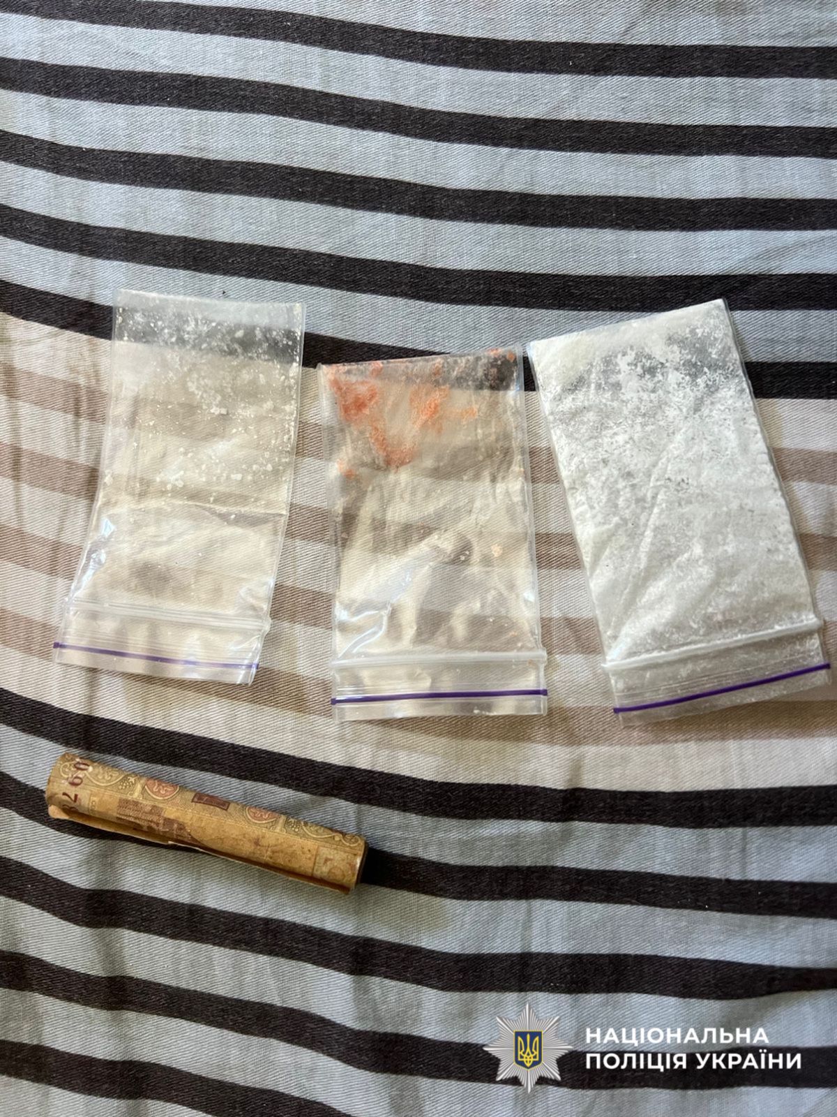 На фотографії зображено виявлені та вилучені заборонені до обігу речовини, які зловмисник зберігав з метою подальшого розповсюдження.