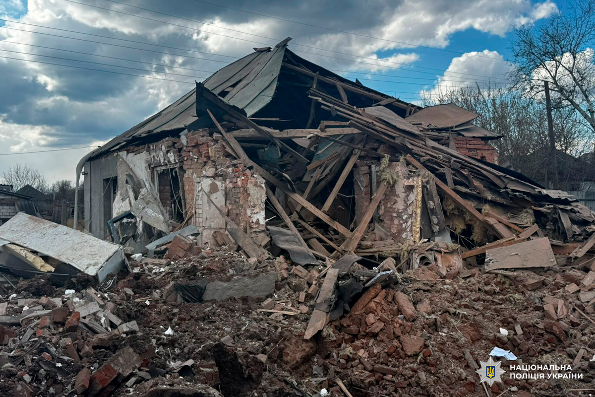 Зруйнована будівля: частково обвалені цегляні та дерев’яні конструкції, дах і стіни зруйновані; навколо розкидані уламки цегли, балки та будівельні матеріали; на тлі дерева, електролінії та хмарне небо.