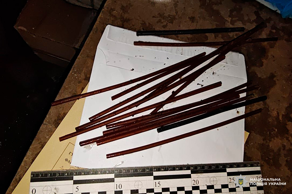 На білому аркуші розміщено кілька циліндричних стрижнів коричневого кольору різної довжини. Внизу кадру — вимірювальна шкала у сантиметрах (0–25) з чорними та білими квадратами.