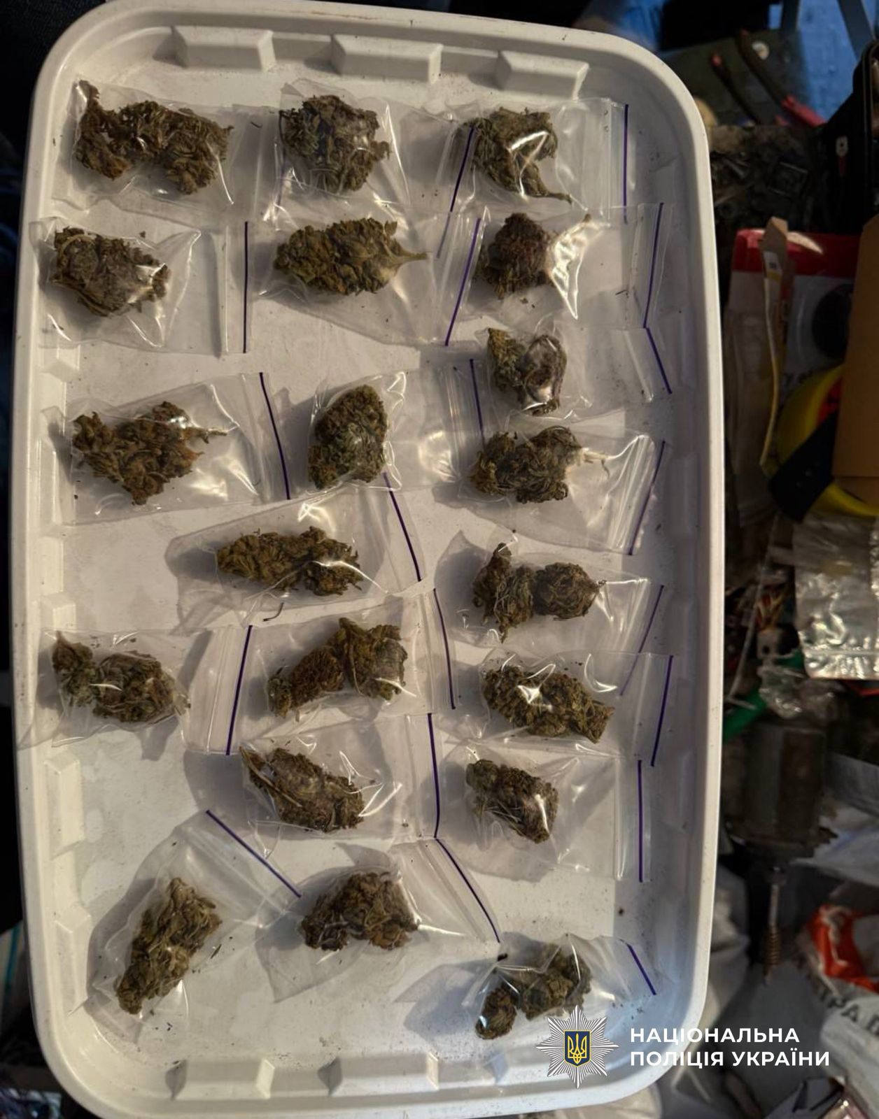 На фотографії зображено виявлені та вилучені речові докази.