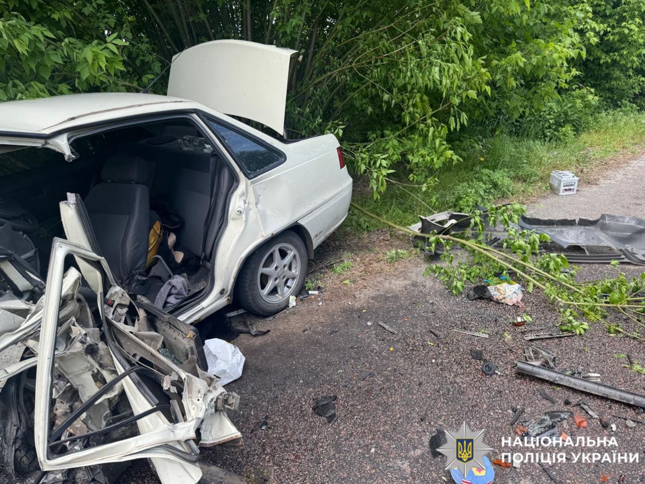 На фотографії зображено місце події та автомобіль, який є учасником ДТП.