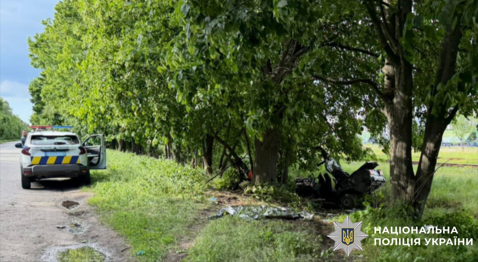 На фото автомобіль правоохоронців, які прибули на місце події та пошкоджений автомобіль, учасник ДТП.