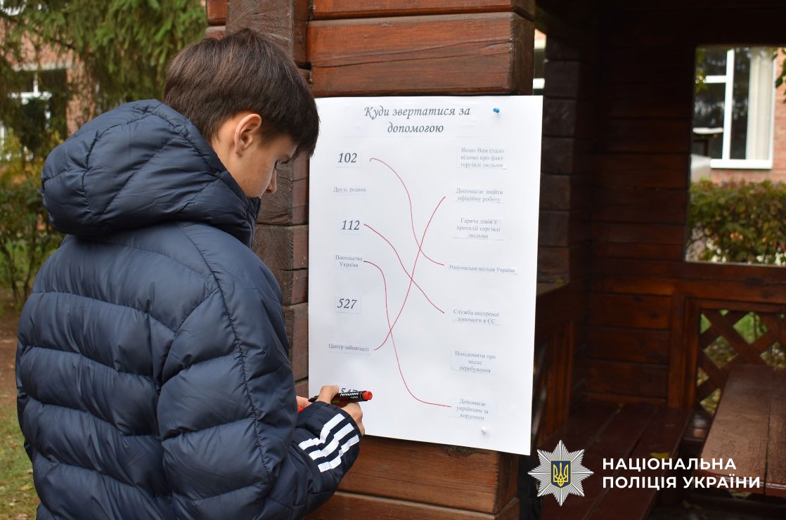 Поліцейський проводить урок для учнів з питань протидії торгівлі людьми