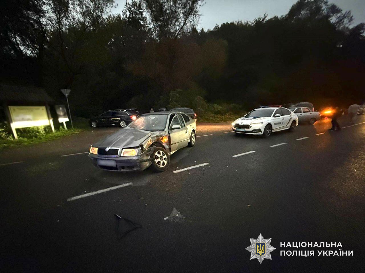 Автомобіль "Skoda" на мсіці поії після зіткнення та поліцейське авто