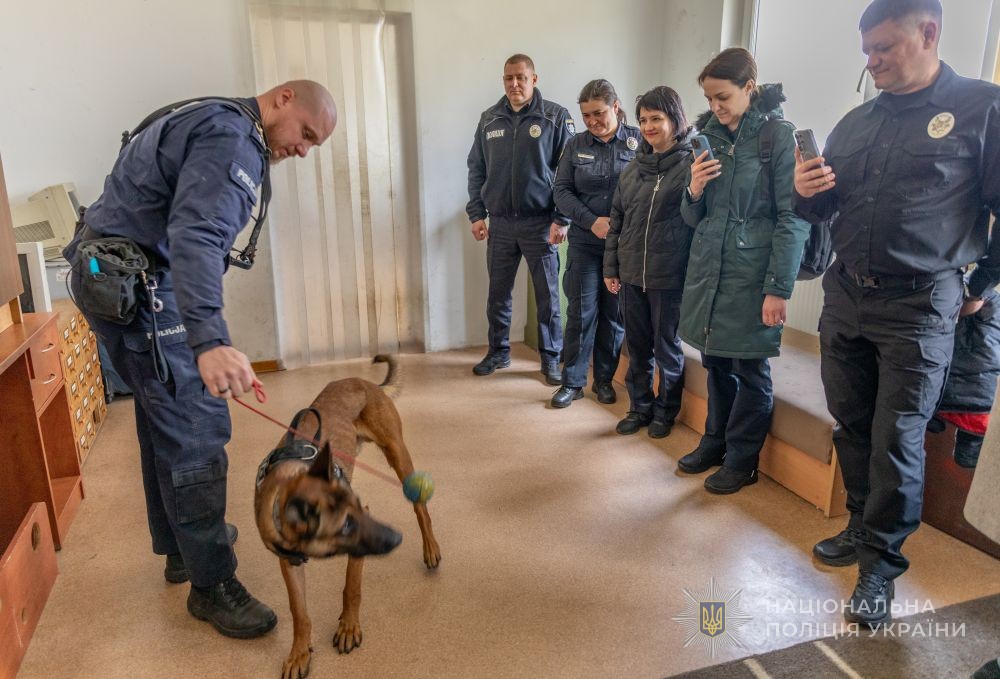 делегація дивиться на кінолога із собакою