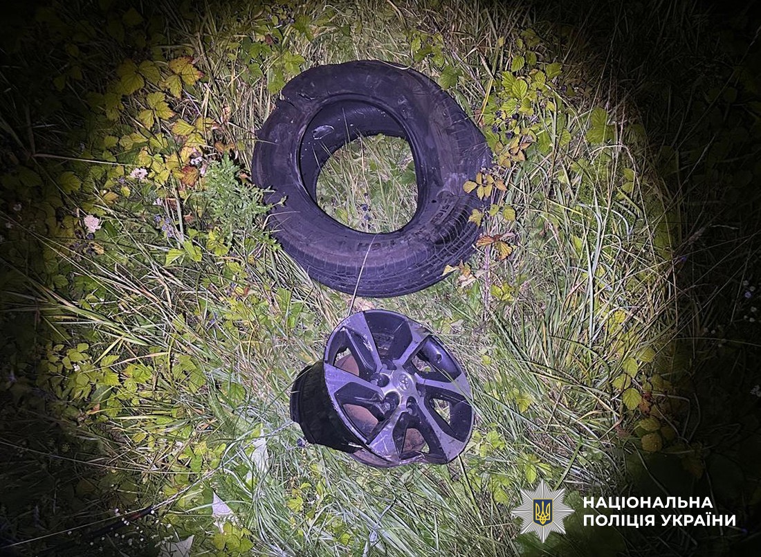 У траві лежить відірване колесо від сірого автомобіля
