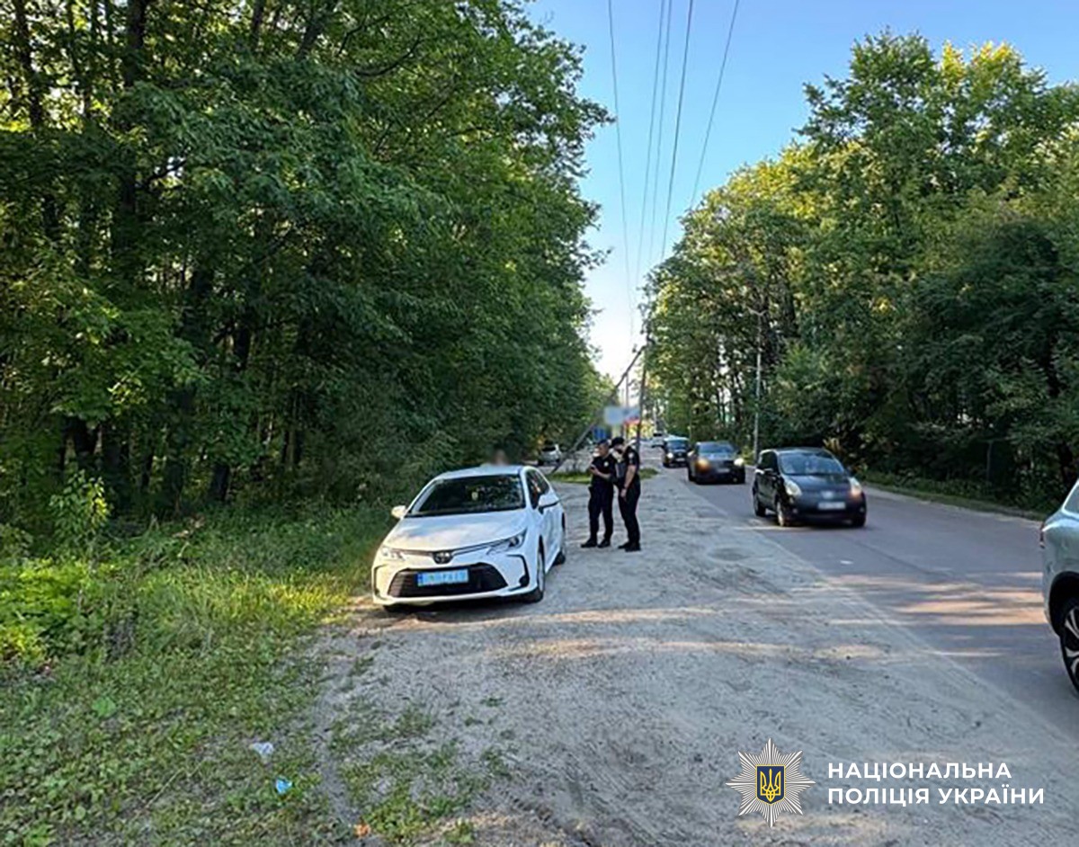На дорозі поліцейський автомобіль. Поруч стоять поліцейські.