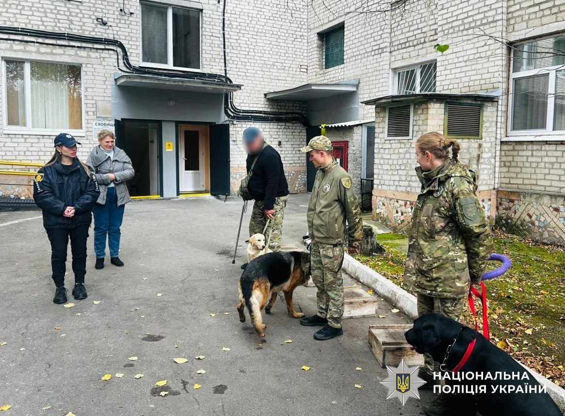 кінологи зі службовими собаками, поранений захисник взаємодіє з лабрадором