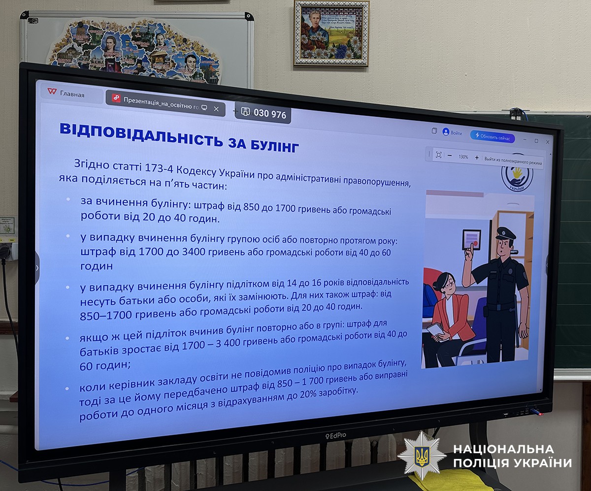 На екрані демонструється слайд із текстом про відповідальність за вчинення булінгу