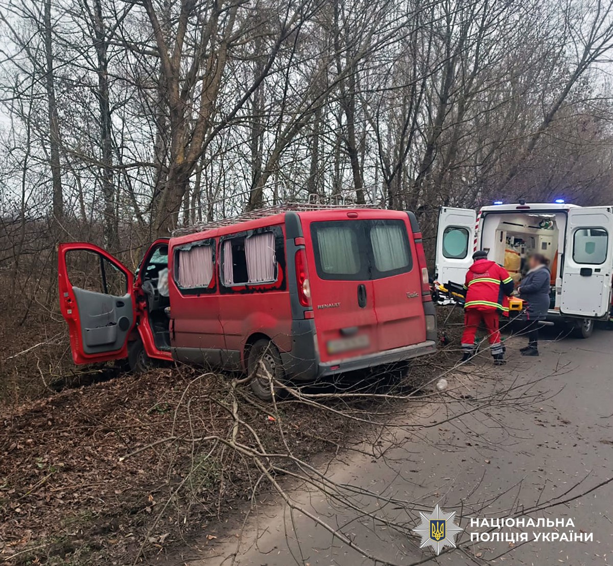 пошкоджений червоний мікроавтобус, що з'їхав із дороги та зіткнувся з деревом. поблизу стоїть автомобіль "швидкої" допомоги та жінка. Лікар виймає ноші