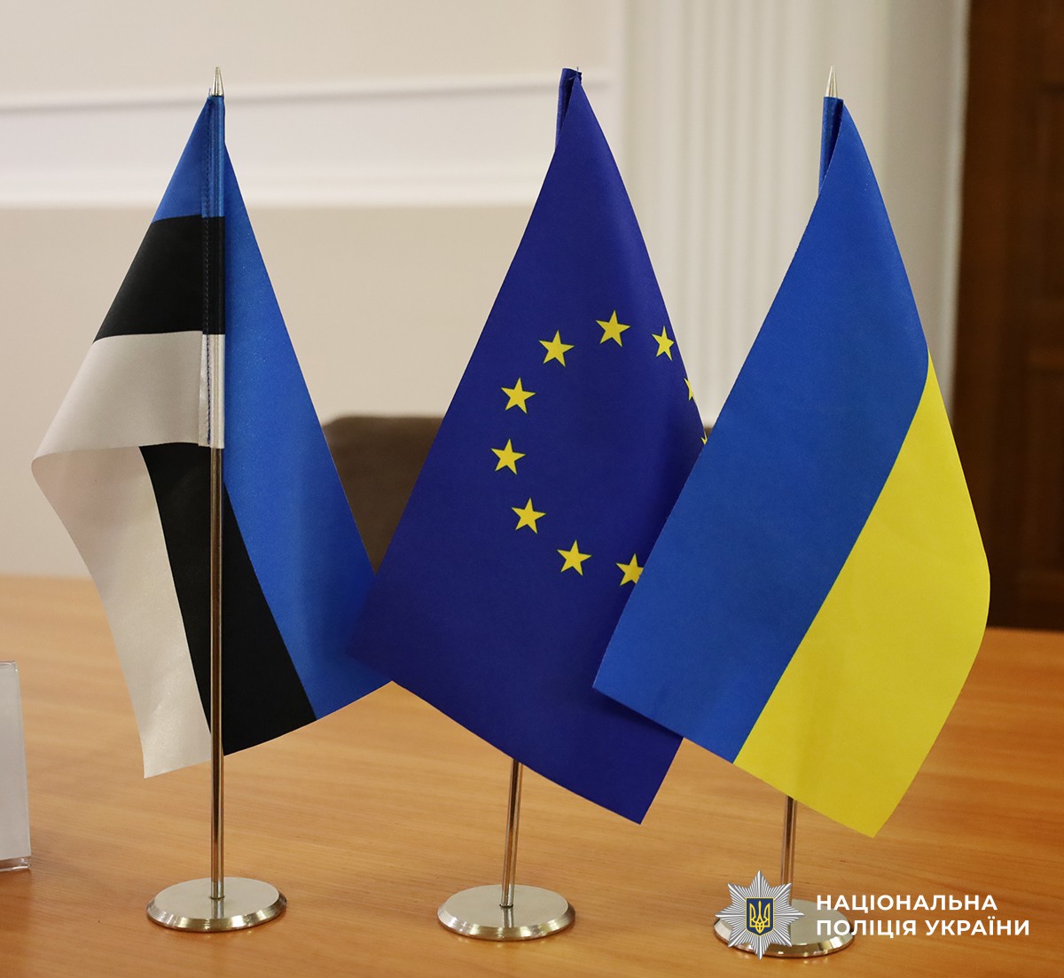 На столі стоять прапорці Естонії, Європейського Союзу та України.