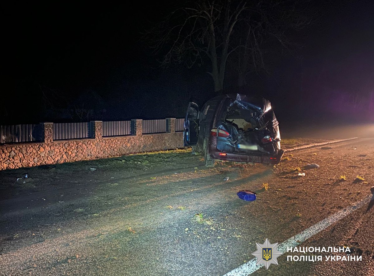 Вид ззаду на автомобіль після ДТП: значні пошкодження задньої частини, авто з’їхало з дороги на ґрунт, поруч проїзна частина та огорожа.