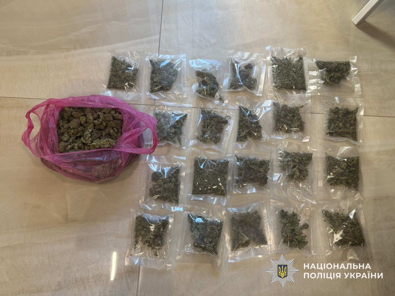 Канабіс, розфасований у пакетики та партія наркотиків у целофановому пакеті